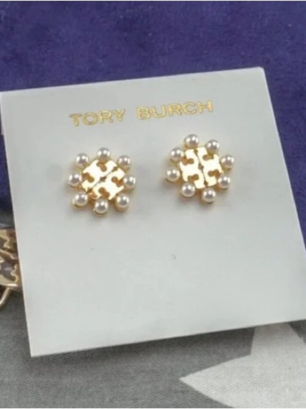 Tory Burch Gold Logo Stud Earrings with Pearl Halo